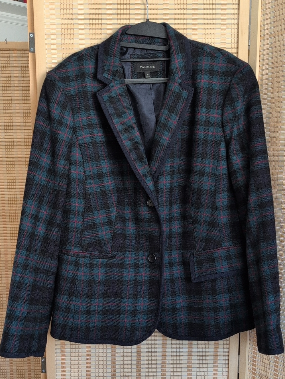 Talbots Wool Blend Women's Navy Green Plaid Blazer Size 16
